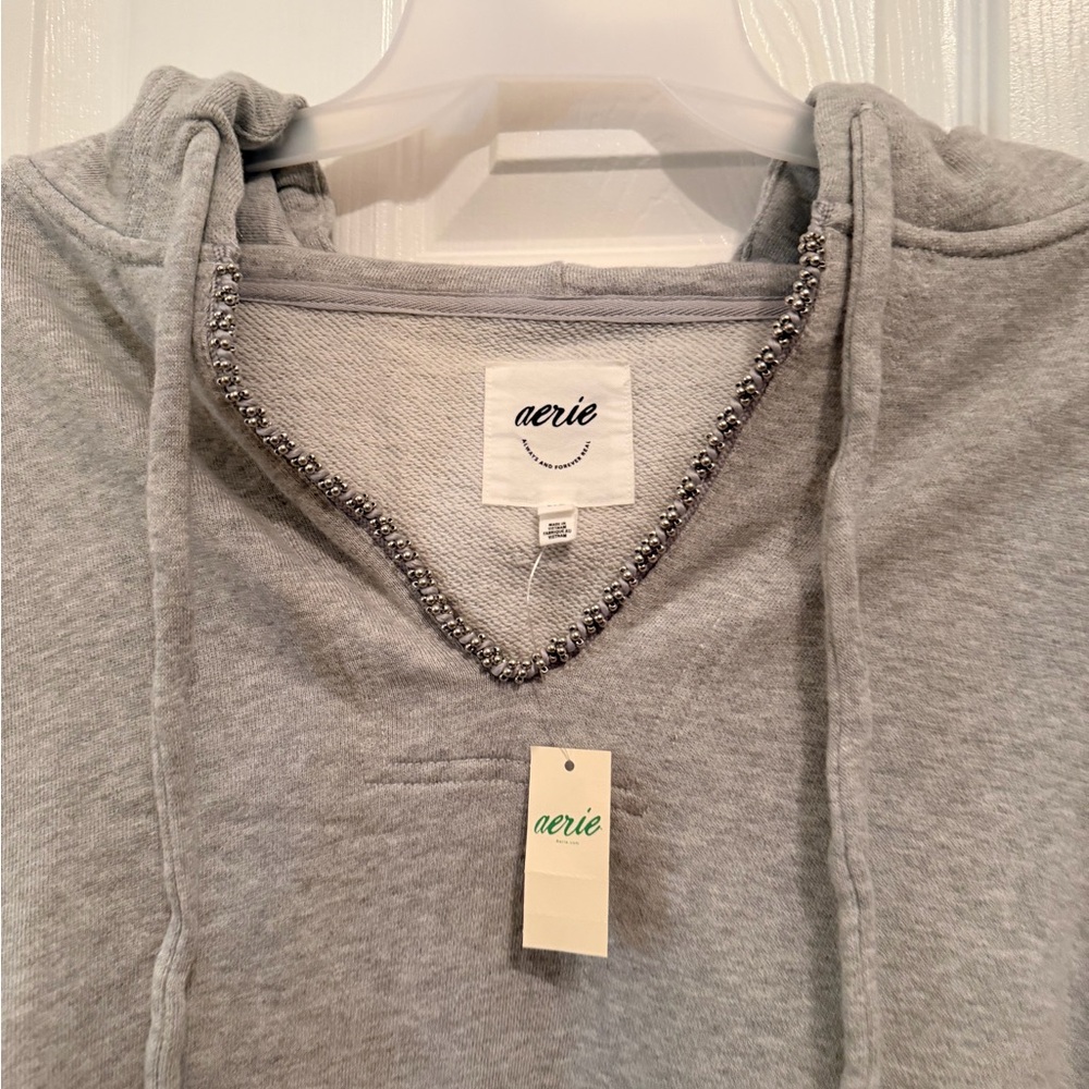 NWT large Aerie grey, v-neck sweatshirt with embellished, beaded trim
